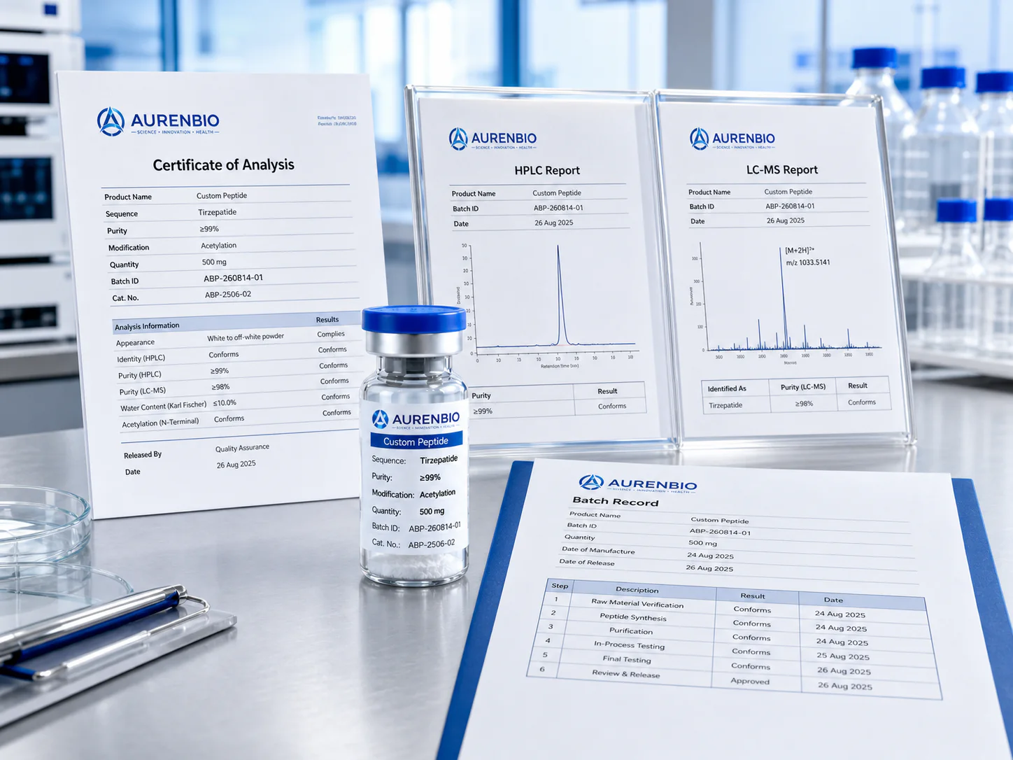 AURENBIO peptide vial, batch record and quality documentation